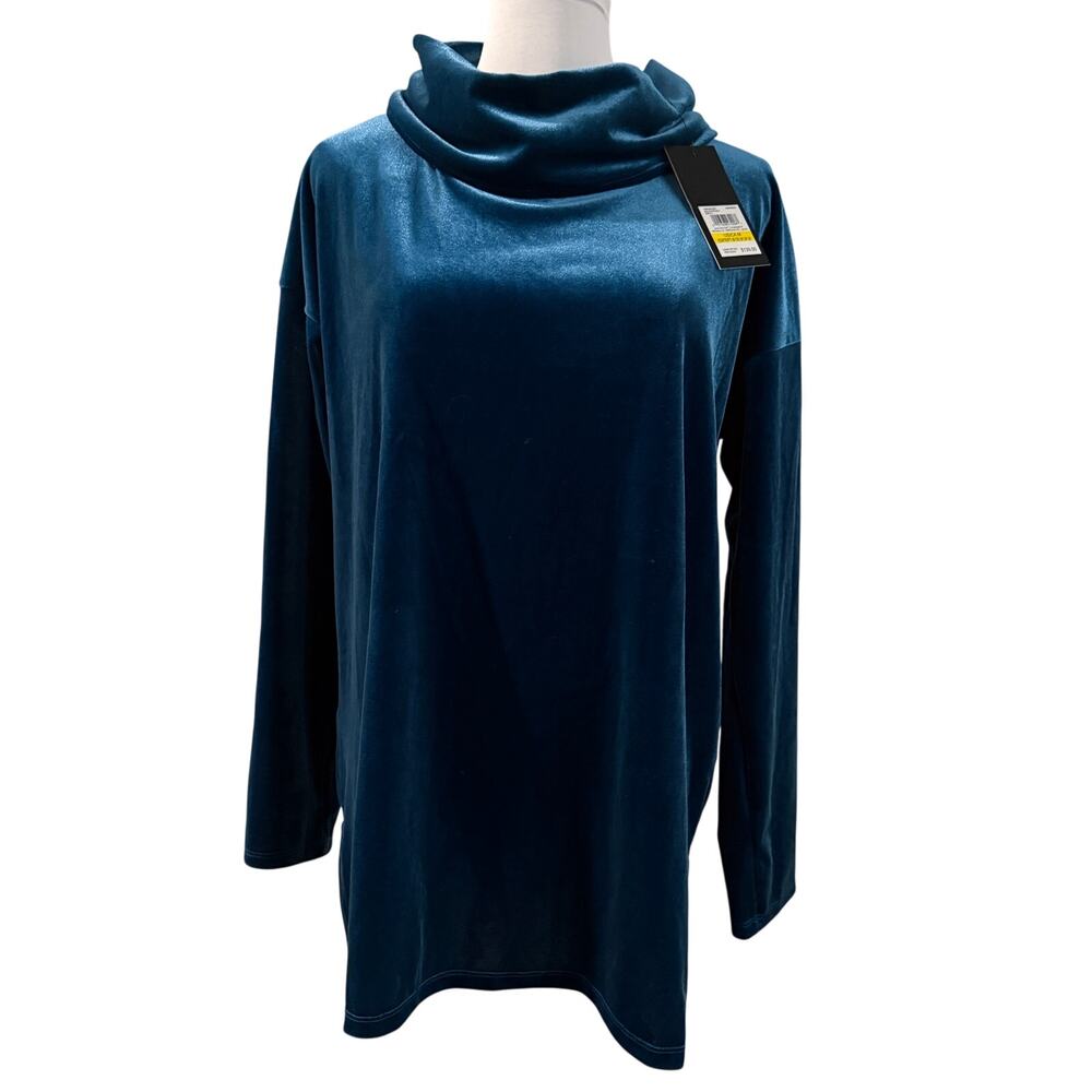 NWT Jones New York Blue Velvet Cowl Neck Tunic Long Sleeve Top Medium Office